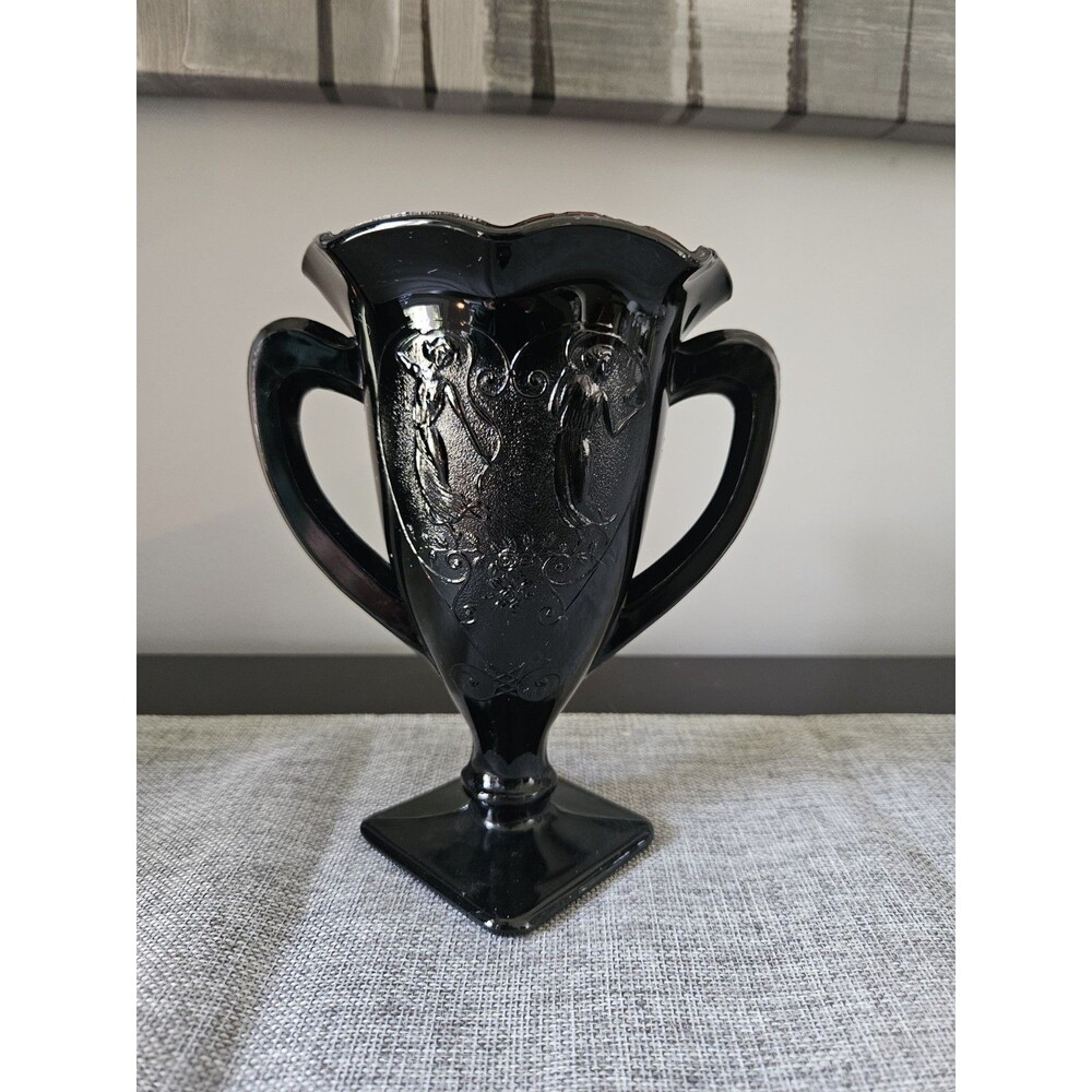 Vintage LE Smith Black Amethyst  Double Handle Glass Urn Vase Dancing Nymphs